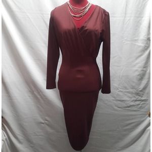 Venus Burgundy Cross over V-neck wrap top long sleeve Bodycon dress XS